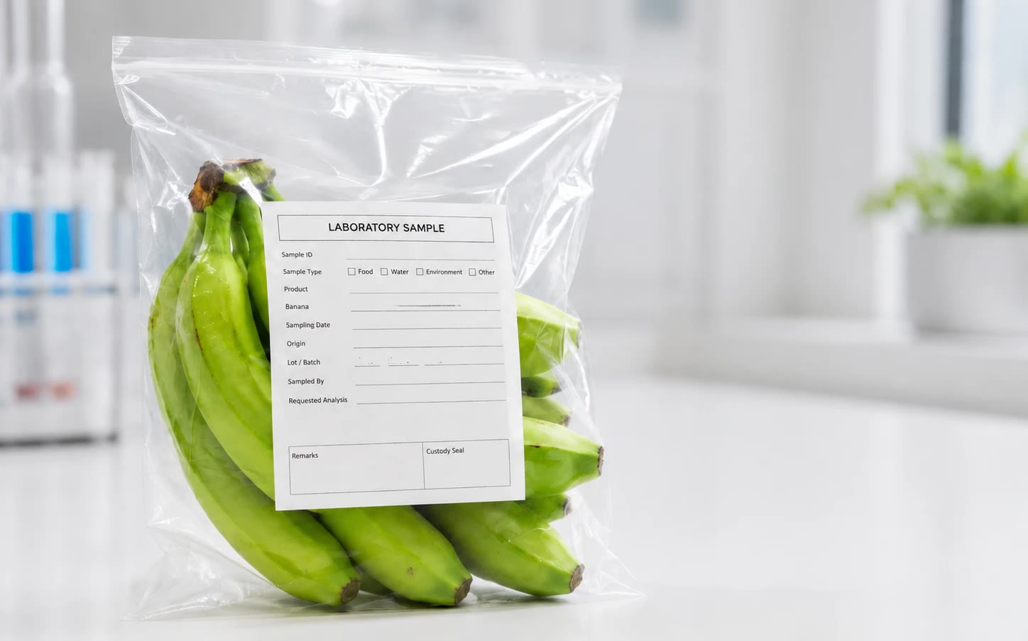 Laborprobe: versiegelte Bananenprobe mit Probenbegleitschein im Labor